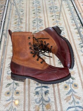 Frye Two-Tone Leather Lace-Up Boots in Tan and Burgundy